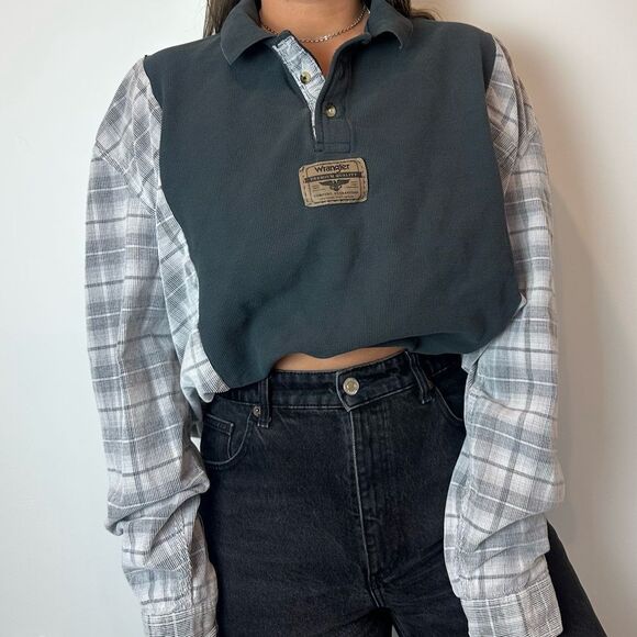 Reworked Upcycled Wrangler Long Sleeve Baggy Henley Warm Flannel Shirt Top - Picture 4 of 4